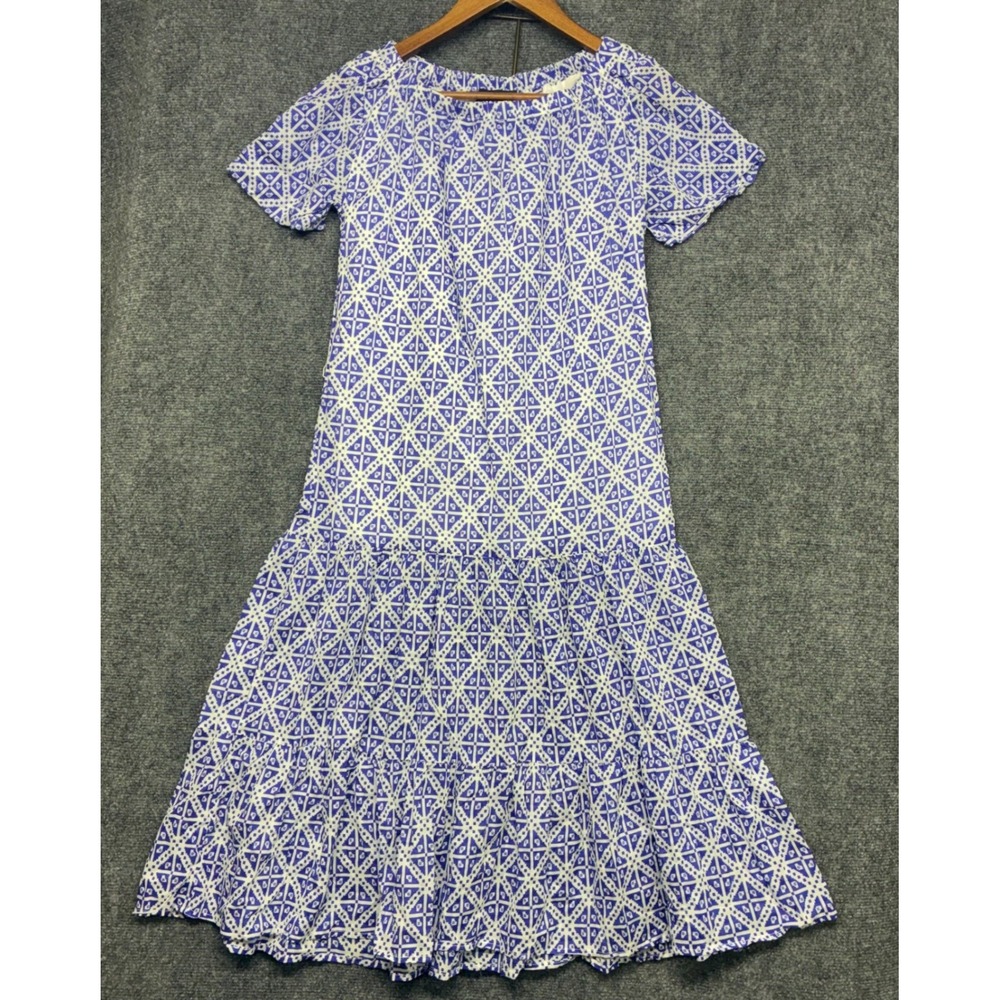 French Curve Tiered Midi Dress M Blue White Geometric Cotton Ruffle Short Sleeve